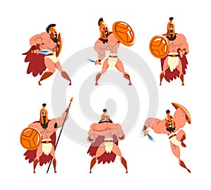 Spartan Man in Red Cloak and Helmet Armed with Spear and Shield Standing and Attacking Vector Set