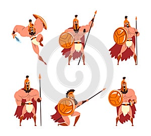 Spartan Man in Red Cloak and Helmet Armed with Spear and Shield Standing and Attacking Vector Set