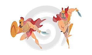 Spartan Man in Red Cloak and Helmet Armed with Sword and Shield Attacking Vector Set