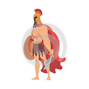 Spartan Man in Red Cloak and Helmet Armed with Sword and Shield Standing Vector Illustration