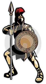 Spartan mascot holding the spear weapon and the circle shape shi