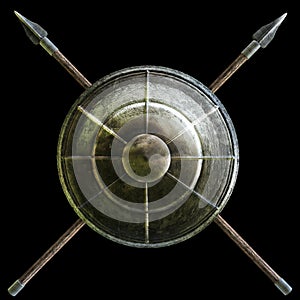 Spartan shield with cross spears symbol on a black background. photo