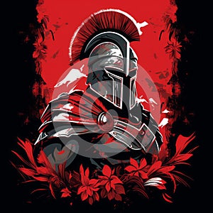 Spartan Soldier Art Wallpaper: Bold Graphic Style With Floral Accents