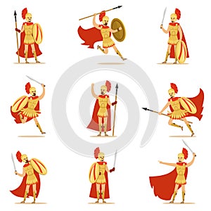 Spartan Soldier In Golden Armor And Red Cape Set Of Vector Illustrations With Greek Military Hero In The Fight