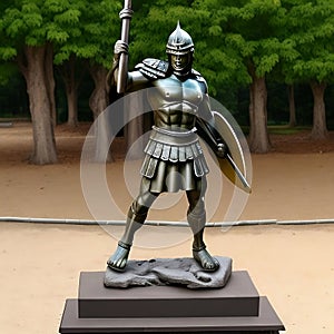 Spartan warrior in armor with shield and sword, antique Greek military, muscular ancient soldier. Spartan warrior from Greece.