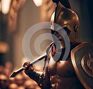 Spartan warrior in armor with shield and sword, antique Greek military, muscular ancient soldier. Spartan warrior from Greece.