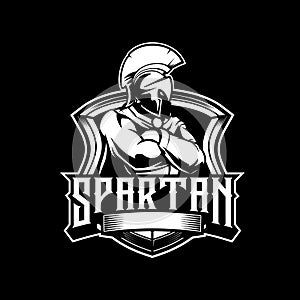 SPARTAN WARRIOR CARTOON CHARACTER BLACK AND WHITE WITH SHIELD VECTOR LOGO