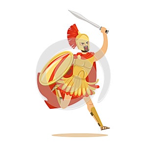 Spartan warrior character in armor and red cape fighting with shield and sword, Greek soldier vector Illustration