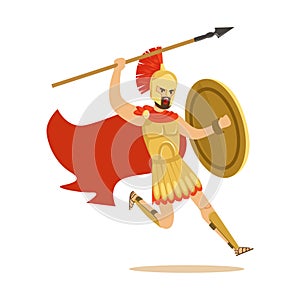 Spartan warrior character in armor and red cape fighting with spear, Greek soldier vector Illustration