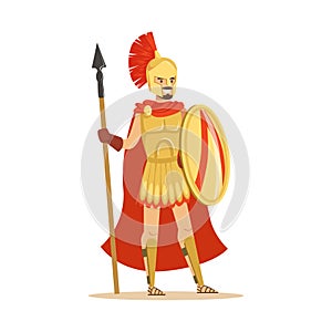 Spartan warrior character in armor and red cape with shield and spear, epic Greek soldier vector Illustration