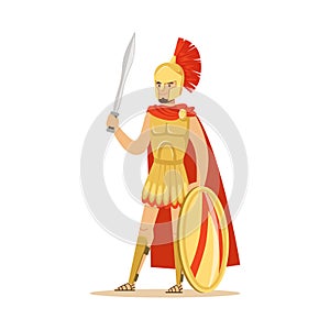 Spartan warrior character in armor and red cape with shield and sword, Greek soldier vector Illustration