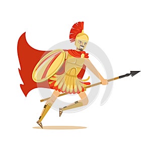 Spartan warrior character in golden armor and red cape running with spear, Greek soldier vector Illustration