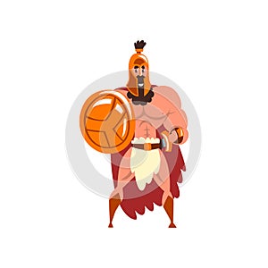 Spartan warrior in golden armor and red cape, ancient soldier character vector Illustration on a white background