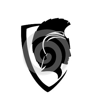 Spartan warrior head inside black and white vector heraldic shield design