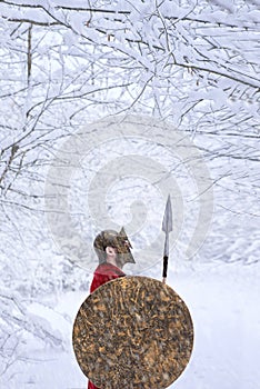 Spartan warrior stands in snowy forest.