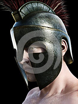 Spartan warrior wearing traditional helmet . Angled profile looking toward the camera on a black background. 3d render