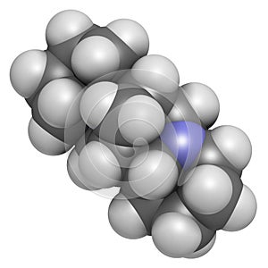 Sparteine scotch broom alkaloid molecule. 3D rendering. Atoms are represented as spheres with conventional color coding: hydrogen