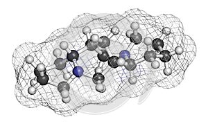 Sparteine scotch broom alkaloid molecule. 3D rendering. Atoms are represented as spheres with conventional color coding: hydrogen