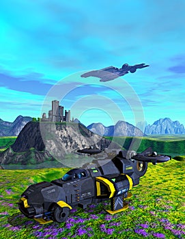 Spaships Landing to an alien Planet with mountains, space base, lake, Sky with clouds, 3d illustration