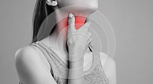 A spasm in the girl`s neck. Neck and back injuries, and fatigue at work. The zone of injury, the image on a blank background
