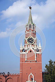Spasskaya clock tower of Moscow Kremlin in winter. Color photo