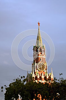 Spasskaya clock tower on the Red Square in Moscow in summer