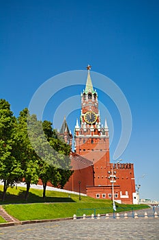 Spasskaya tower with clock and Kremlin wall