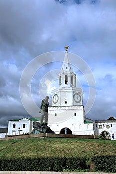 Spasskaya Tower of Kazan Kremlin and monument to Musa Jalil