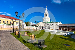 The Spasskaya Tower, Kazan, Tatarstan, Russia. Kremlin courtyard, the foundation of the Transfiguration Monastery