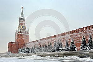 Spasskaya Tower and Kremlin Wall in Snow