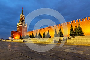 Spasskaya tower and Kremlin walls on Red Square at night, Moscow, Russia