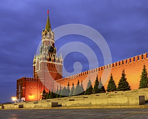 Spasskaya tower and Kremlin walls on Red Square at night, Moscow, Russia