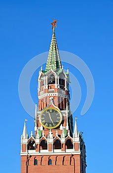 Spasskaya Tower of Moscow Kremlin in sunny day, Russia