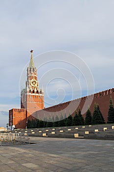 The Spasskaya tower in the Red square in Moscow lighed by the sun photo