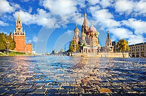 Spasskaya Tower and St. Basil`s Cathedral on Red Square