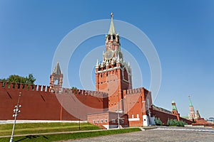 Spasskaya tower view during day with Kremlin wall