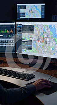 Spatial data analysis with digital mapping on multiple computer screens, displaying geographic information systems