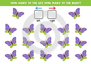 Spatial orientation for kids. How many butterflies fly to the right and how many to the left