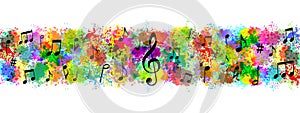 Vector Black Music Notes in Colorful Spatters and Splashes Background Banner
