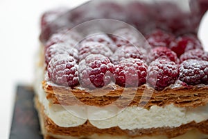 Spatula cutting a fresh raspberries cake with powdered sugar