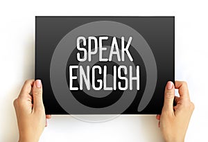 Speak English text on card, education concept background