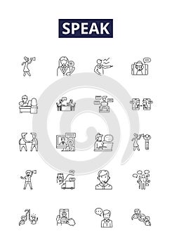 Speak line vector icons and signs. Express, Utter, Verbalize, Articulate, Narrate, Chat, State, Pronounce outline vector photo