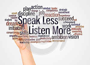 Speak Less Listen More word cloud and hand with marker concept