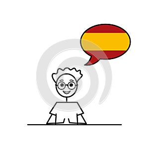 speak spanish, cartoon boy with speech bubble in flag of Spain colors, male character learning castilian language vector photo
