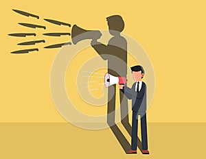 Speak without thinking and slander. Businessman holding a megaphone standing and shouting