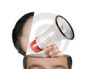 Speak your mind concept. Megaphone peeping out from the inside of human male head isolated on white. Concept conceptual image