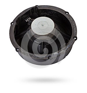 speaker of an acoustic system - an audio for playing music in a car interior on a white isolated background in a photo studio.
