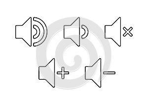 Speaker audio vector icon set. Volume voice control on off mute symbol. Flat application interface sound sign button.