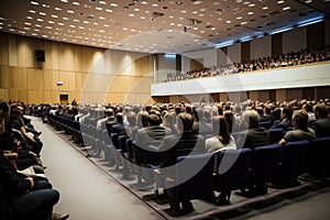 Speaker at Business Conference and Presentation. Audience at the conference hall, Back view of audience in the conference hall, AI