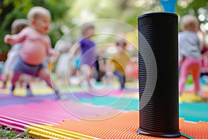 speaker on a colorful mat, blurry toddlers wiggling to nursery rhymes photo